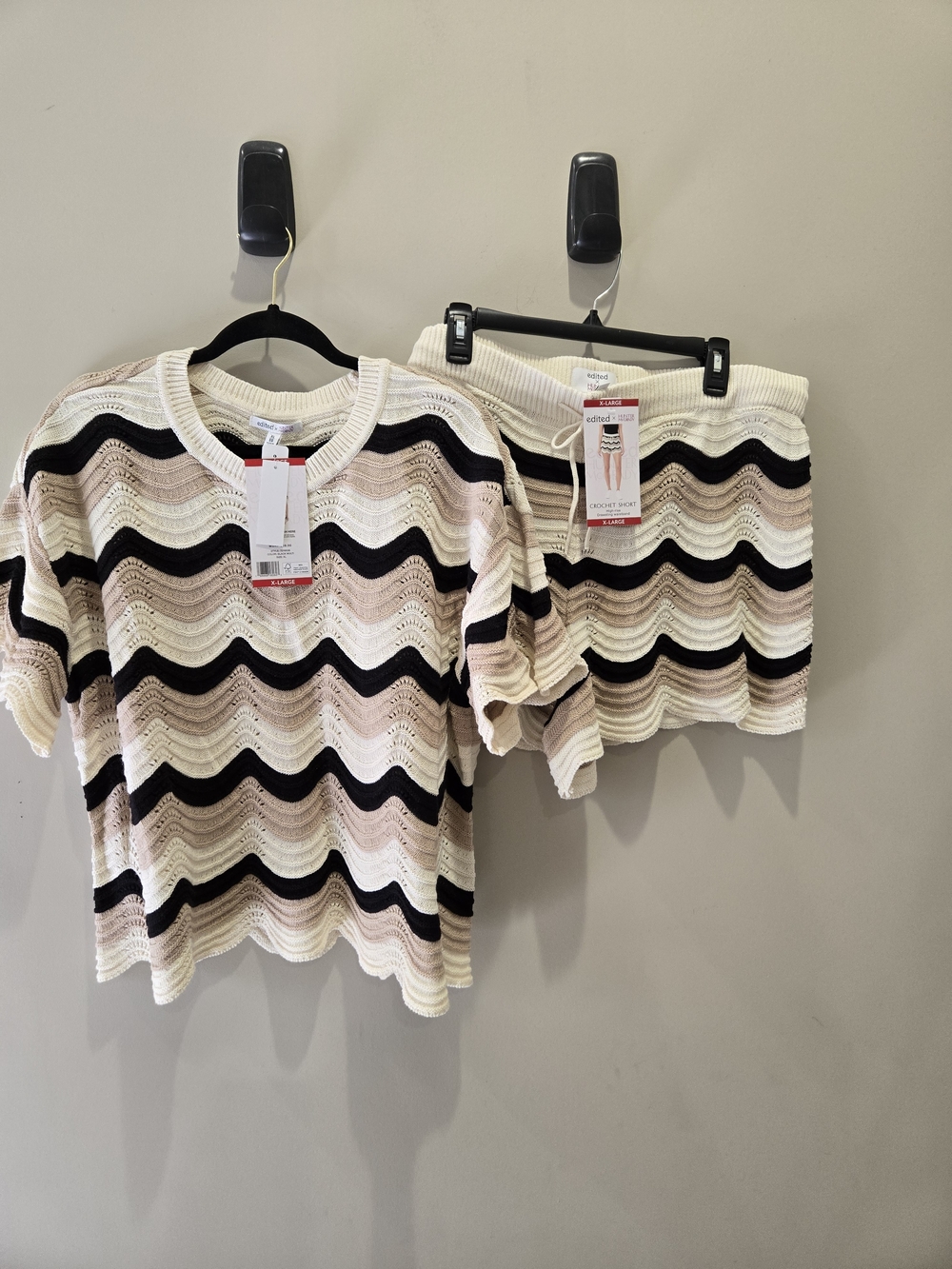NWT Women's Stripe Knit Top and Shorts Set - Cream, Black, White